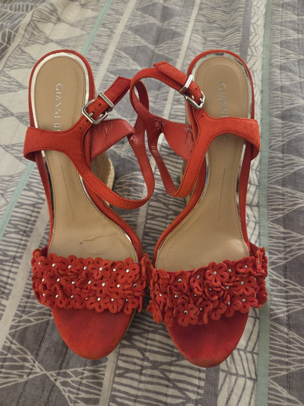 Gianni Bini Red Floral-Embellished Suede Ankle-Strap Heels